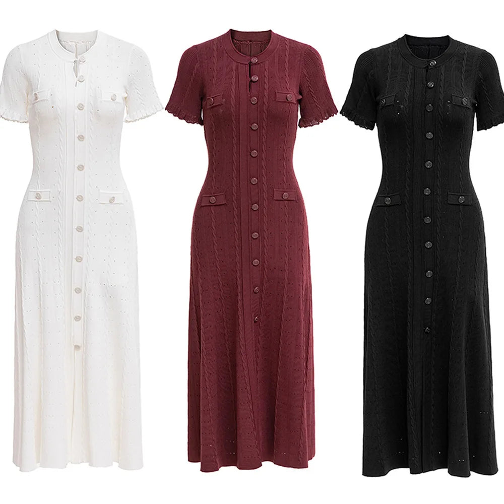 Knit Ribbed Bodycon Midi Dress With O Neck And Short Sleeves