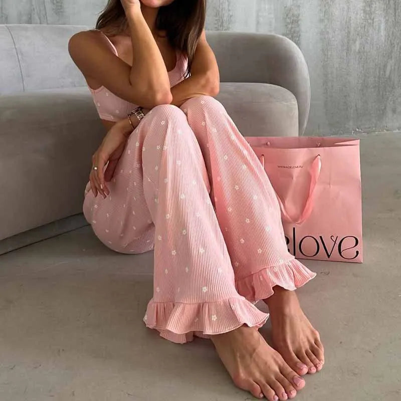 Knit Two-piece Set With Spaghetti Strap Top And Ruffled Trousers