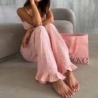 Knit Two-piece Set With Spaghetti Strap Top And Ruffled Trousers