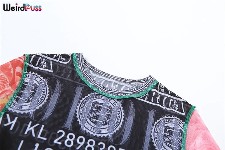 See Through Patchwork Crop Top With Numeral Print Short Sleeves
