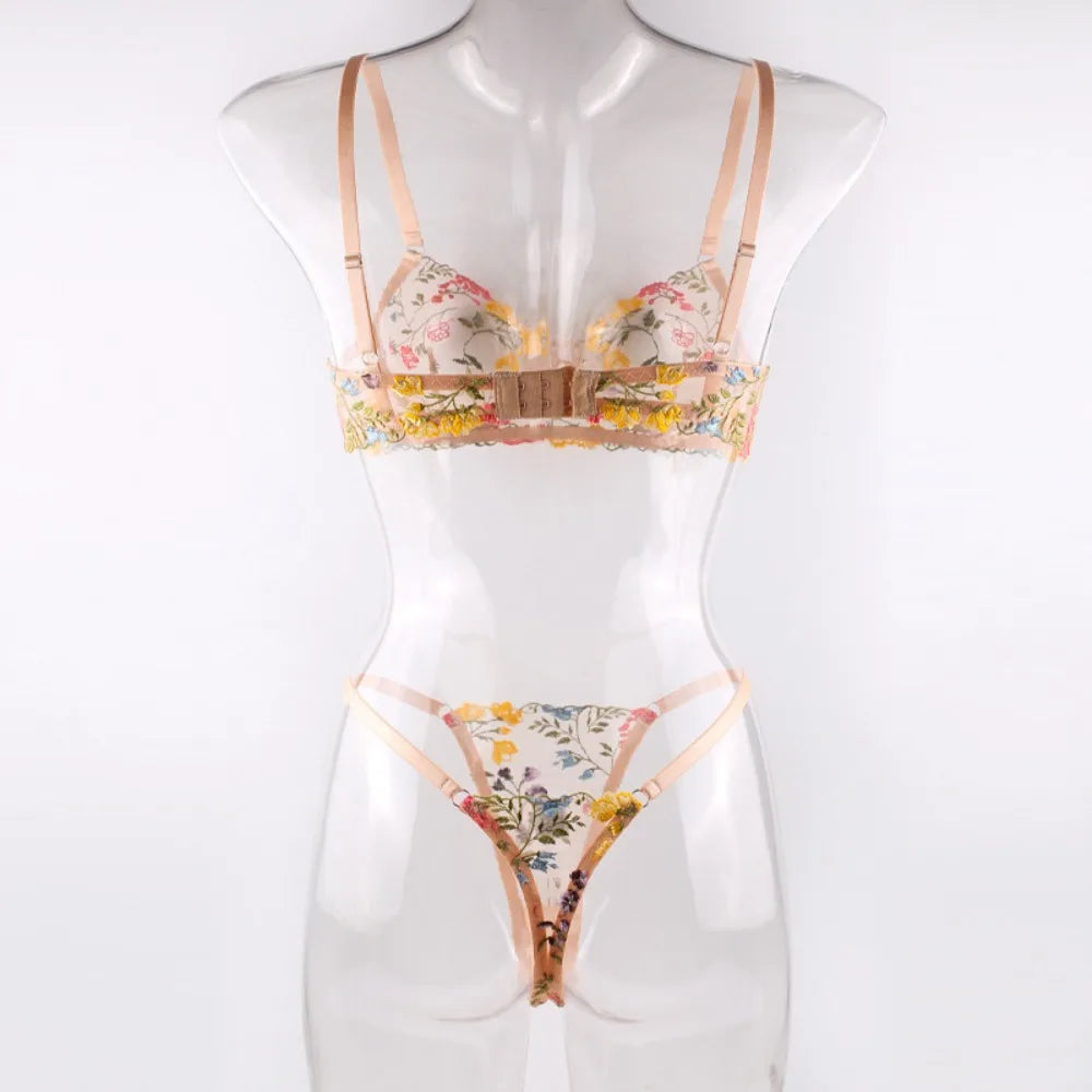 Floral Sheer Embroidery Lingerie Set With Underwire Push Up Bra And Panty Two Piece