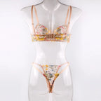 Floral Sheer Embroidery Lingerie Set With Underwire Push Up Bra And Panty Two Piece