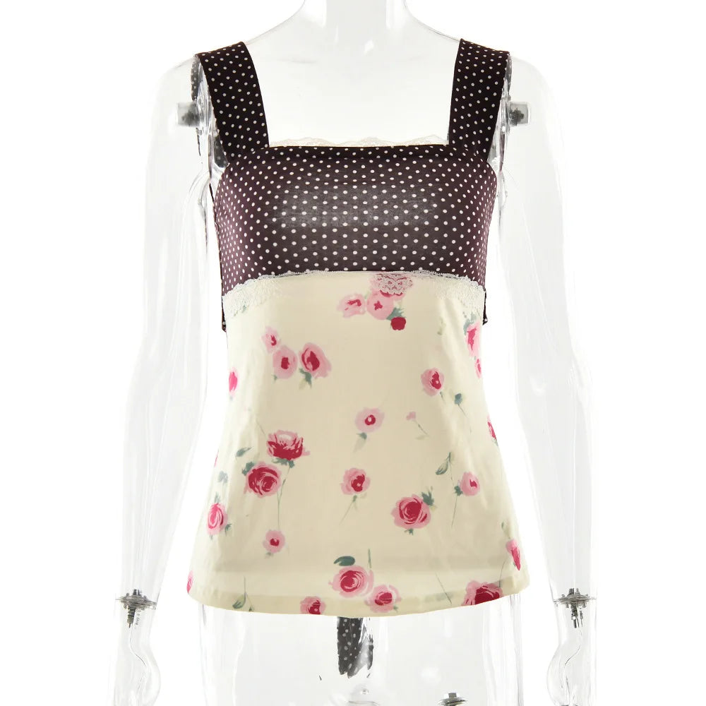 Patchwork Polka Dot Lace Camis Top With Square Collar Floral