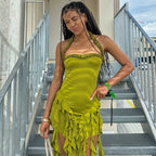 Elegant Halter Backless Ruffles Mini Dress Slim Fit With Tassel Detail