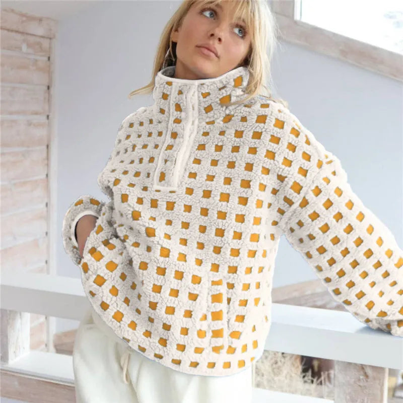 Cozy Checkered Sherpa Long Sleeve Pullover With Stand Collar