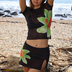 Floral Mesh Beach Cover Up Set With Crop Top And Mini Skirt In Sheer