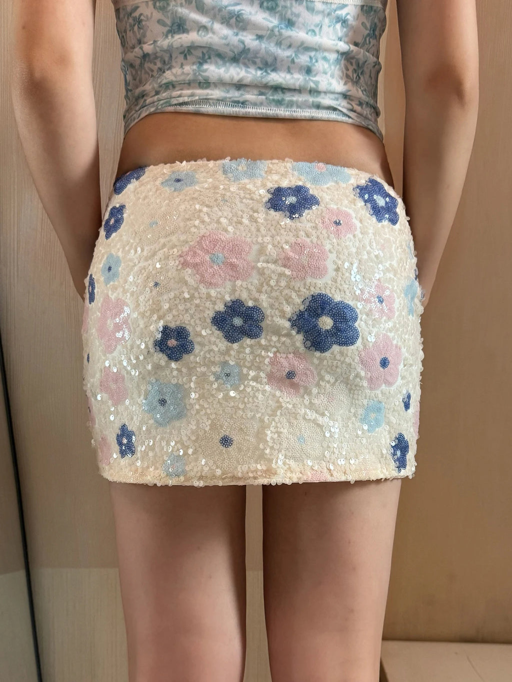 Colorful Floral Sequin Mini Skirt Low Waist Bodycon