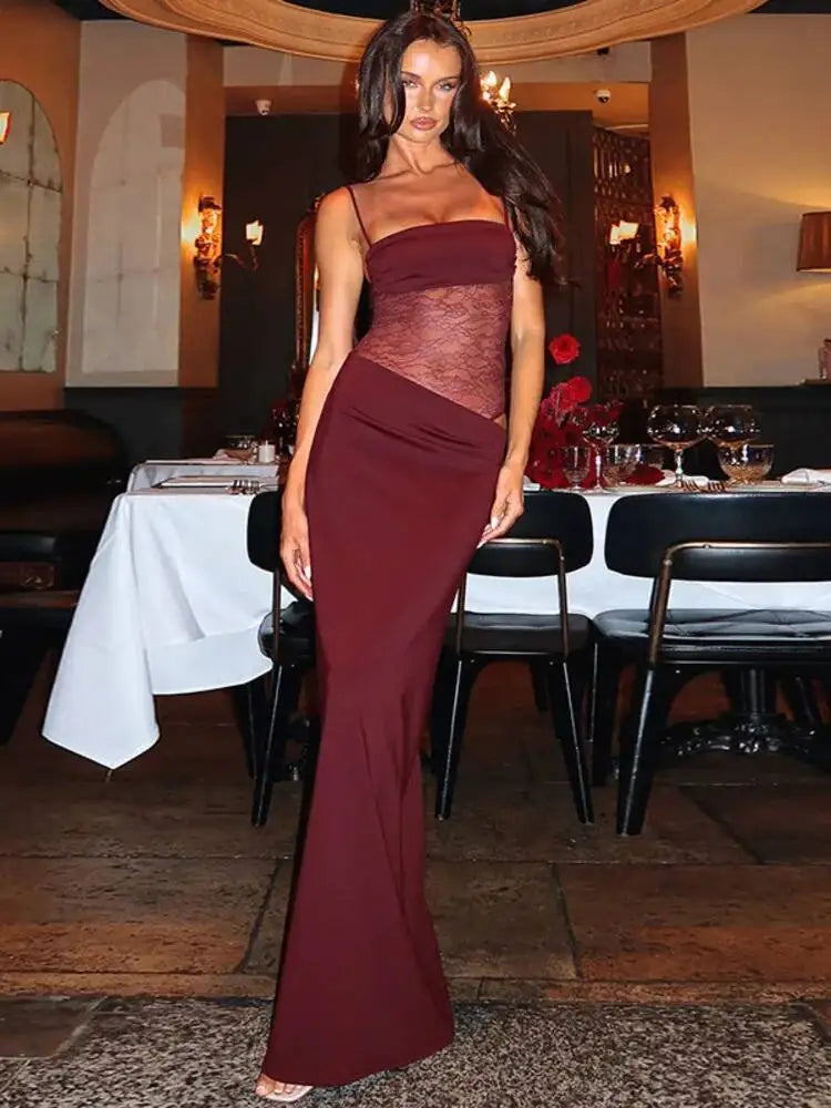 Backless Hollow Mesh Spaghetti Strap Gown Elegant Long Evening Dress