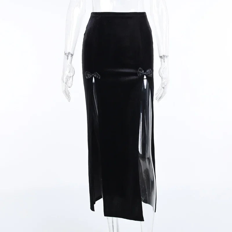 Punk High Waist Skirt With Bow Side Split Knee Length