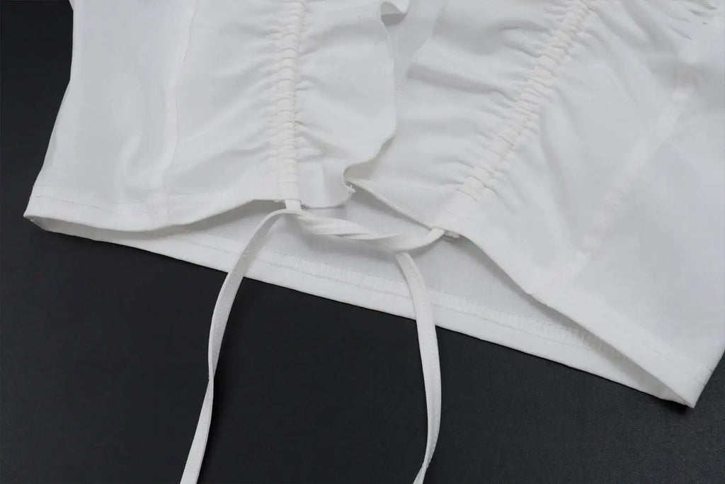 Sexy Deep V Neck Ruched White Crop Top With Ruffles And Lace Up Short Sleeves