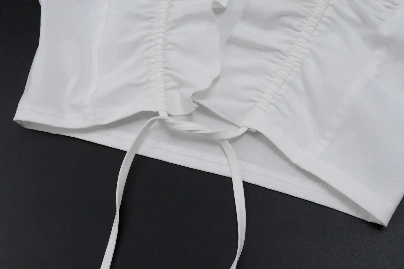 Sexy Deep V Neck Ruched White Crop Top With Ruffles And Lace Up Short Sleeves