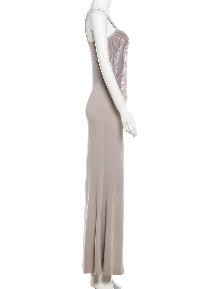Patchwork Sequin Sling Dress Glamour Backless Bodycon Evening Gown