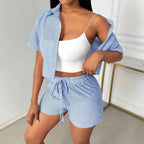 Striped Lapel Shirt And Shorts Two Piece Set