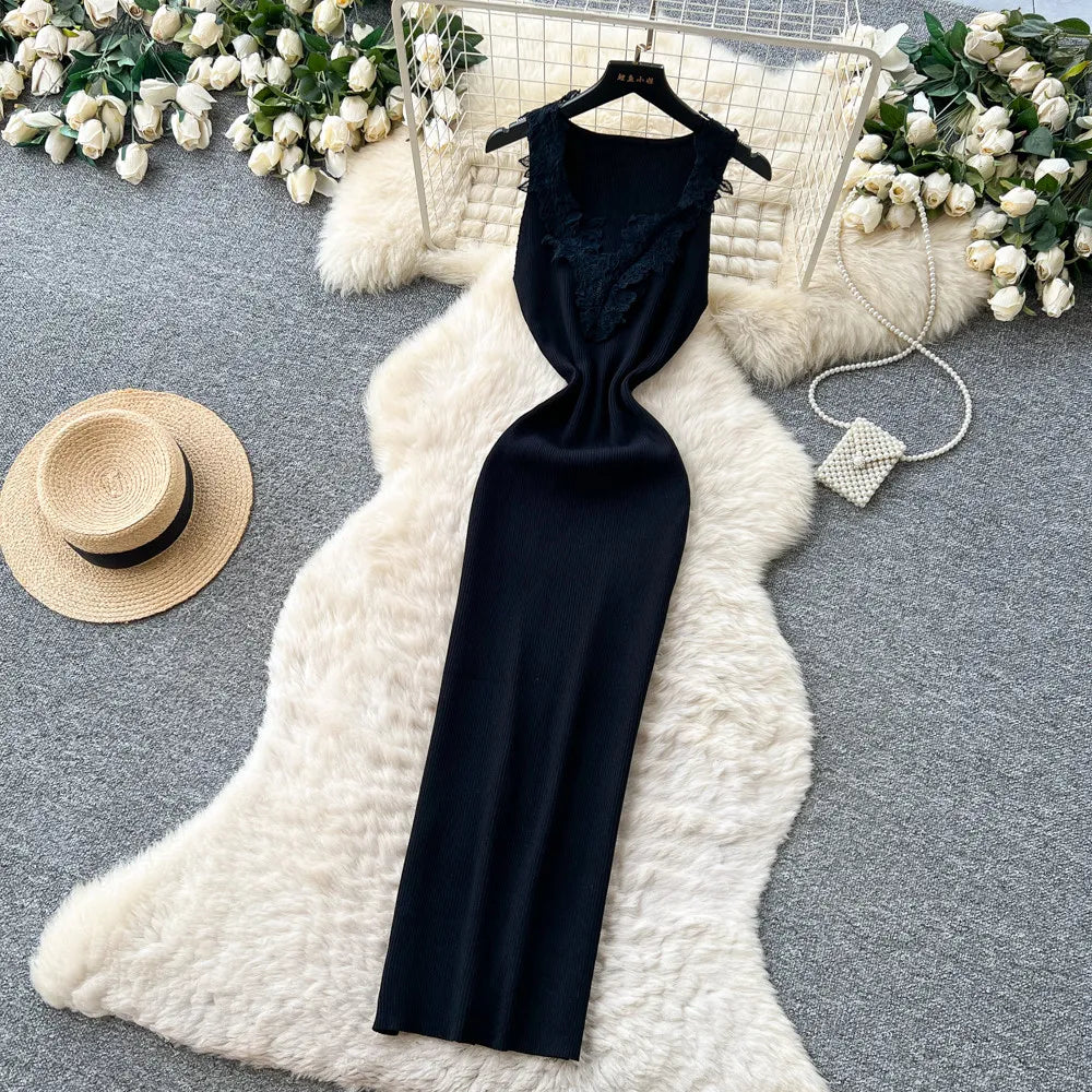 French Style Lace Knit Sleeveless Bodycon Maxi Dress