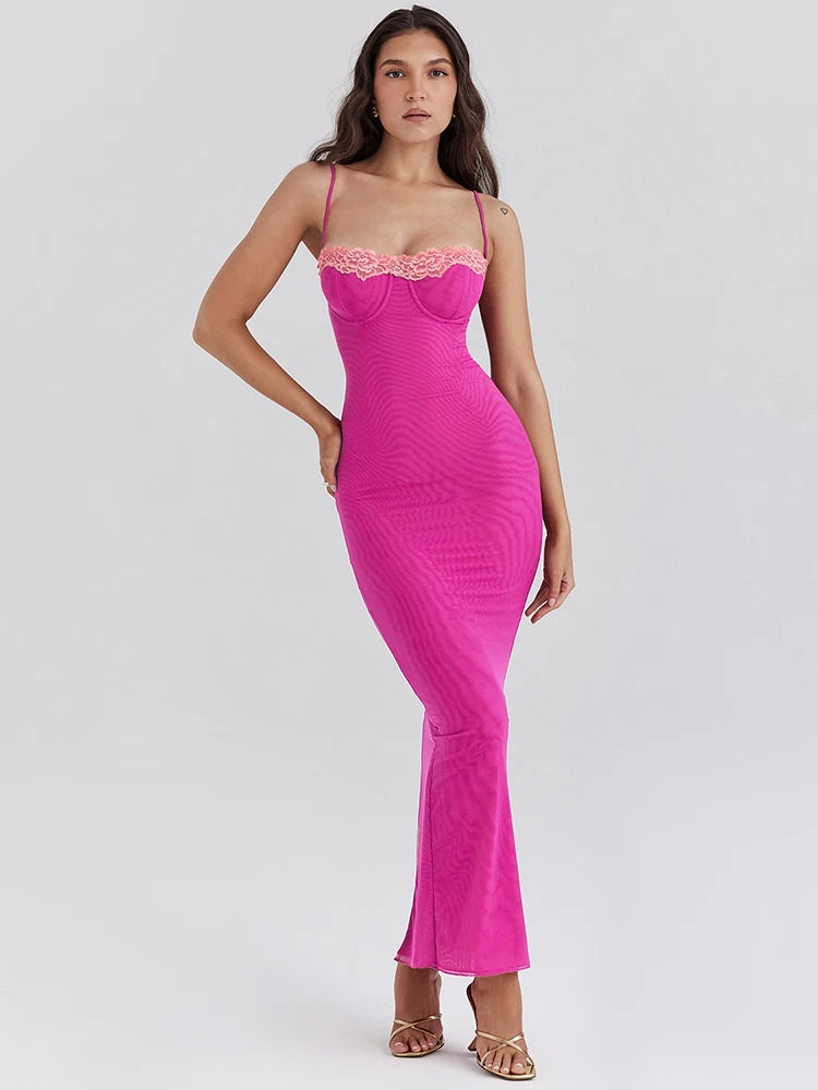 Lace Spaghetti Strap Bodycon Maxi Dress With Patchwork Backless