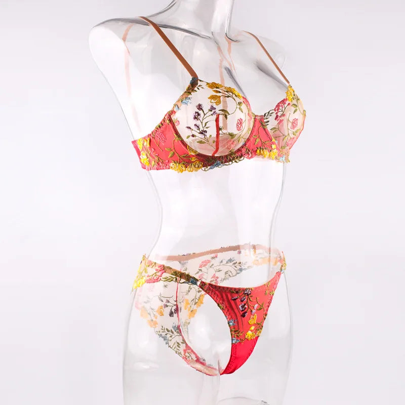 Countryside Embroidered Lingerie Set With Floral Patchwork Bra And Panty Details