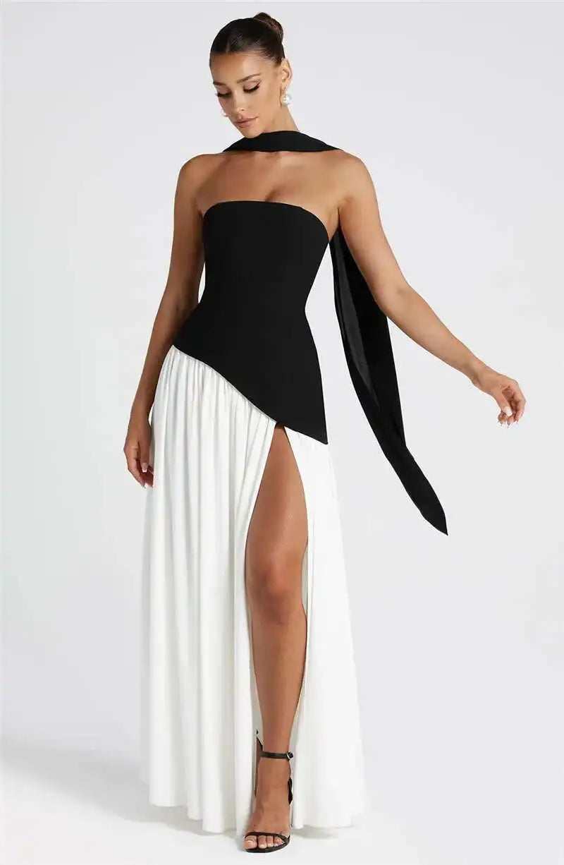 Elegant Off-Shoulder Evening Gown With Patchwork Pleats And Scarf Neck High Split Long Dress