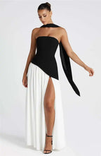 Elegant Off-Shoulder Evening Gown With Patchwork Pleats And Scarf Neck High Split Long Dress