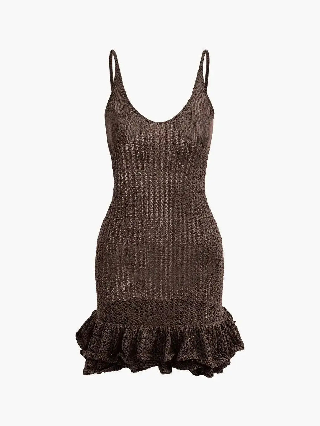 Open Knit Crochet Cami Mini Dress With Ruffle Hem