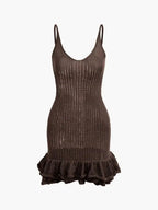 Open Knit Crochet Cami Mini Dress With Ruffle Hem