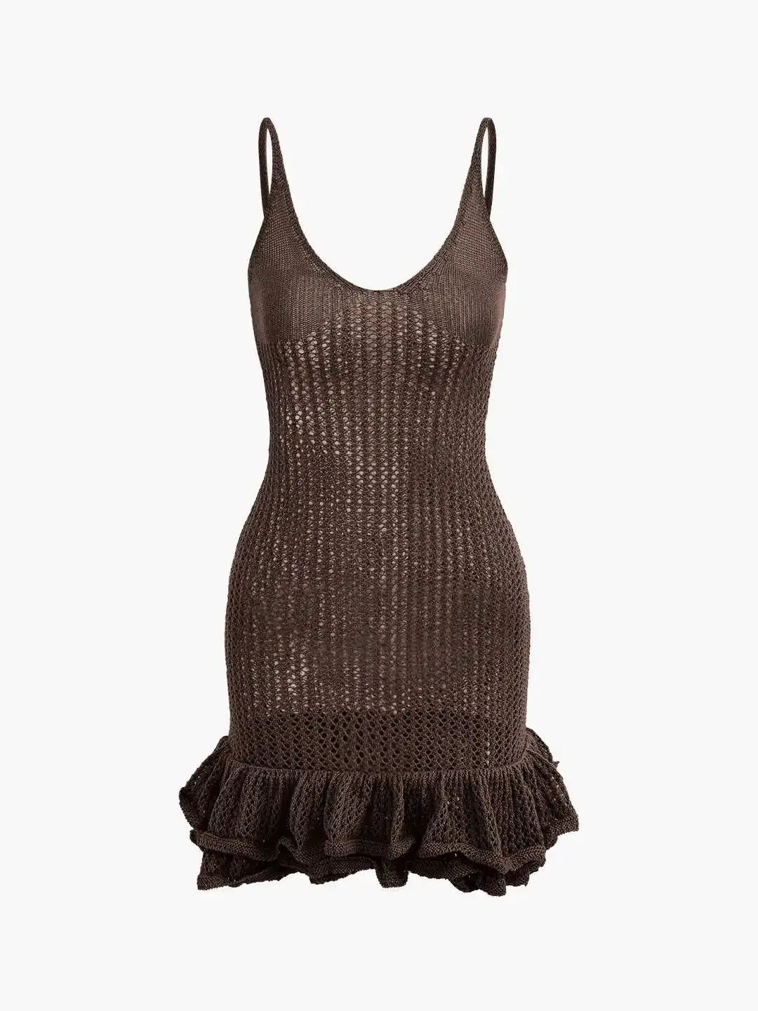 Open Knit Crochet Cami Mini Dress With Ruffle Hem