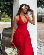 Backless Halter Midi Dress For Women Elegant A Line