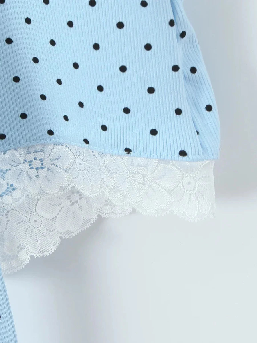 Dreamy Blue Polka Dot Puff Sleeve With Cutout Lace Trim