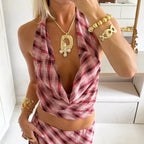Cowl Neck Backless Crop Top With Vintage Plaid Halter