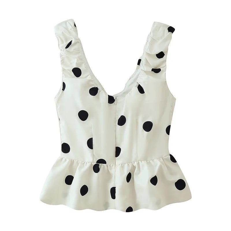 Long Polka Dot Skirt Set With Cropped Puffy Sleeveless Top
