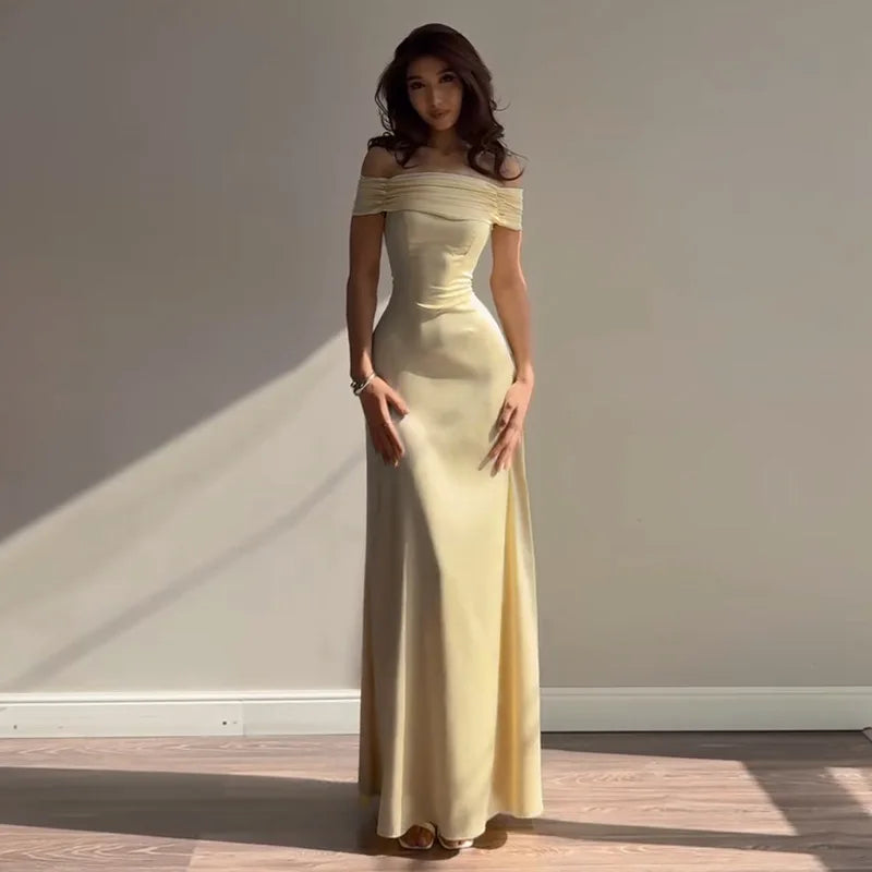 Retro Off Shoulder Satin Dress With Panel Back A Line Silhouette Long