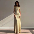 Retro Off Shoulder Satin Dress With Panel Back A Line Silhouette Long