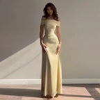 Retro Off Shoulder Satin Dress With Panel Back A Line Silhouette Long