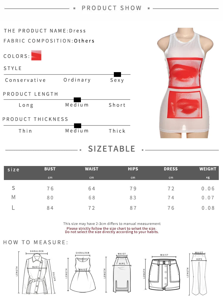 Lip Print Women Long Thin O-neck Sleeveless
