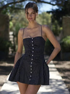 Speckled Print Spaghetti Strap Mini Dress Sleeveless Bodycon Pleated Detail