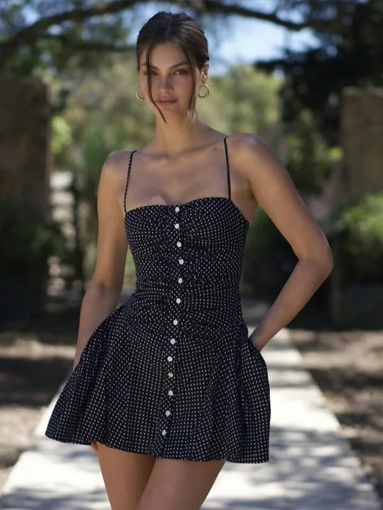 Speckled Print Spaghetti Strap Mini Dress Sleeveless Bodycon Pleated Detail