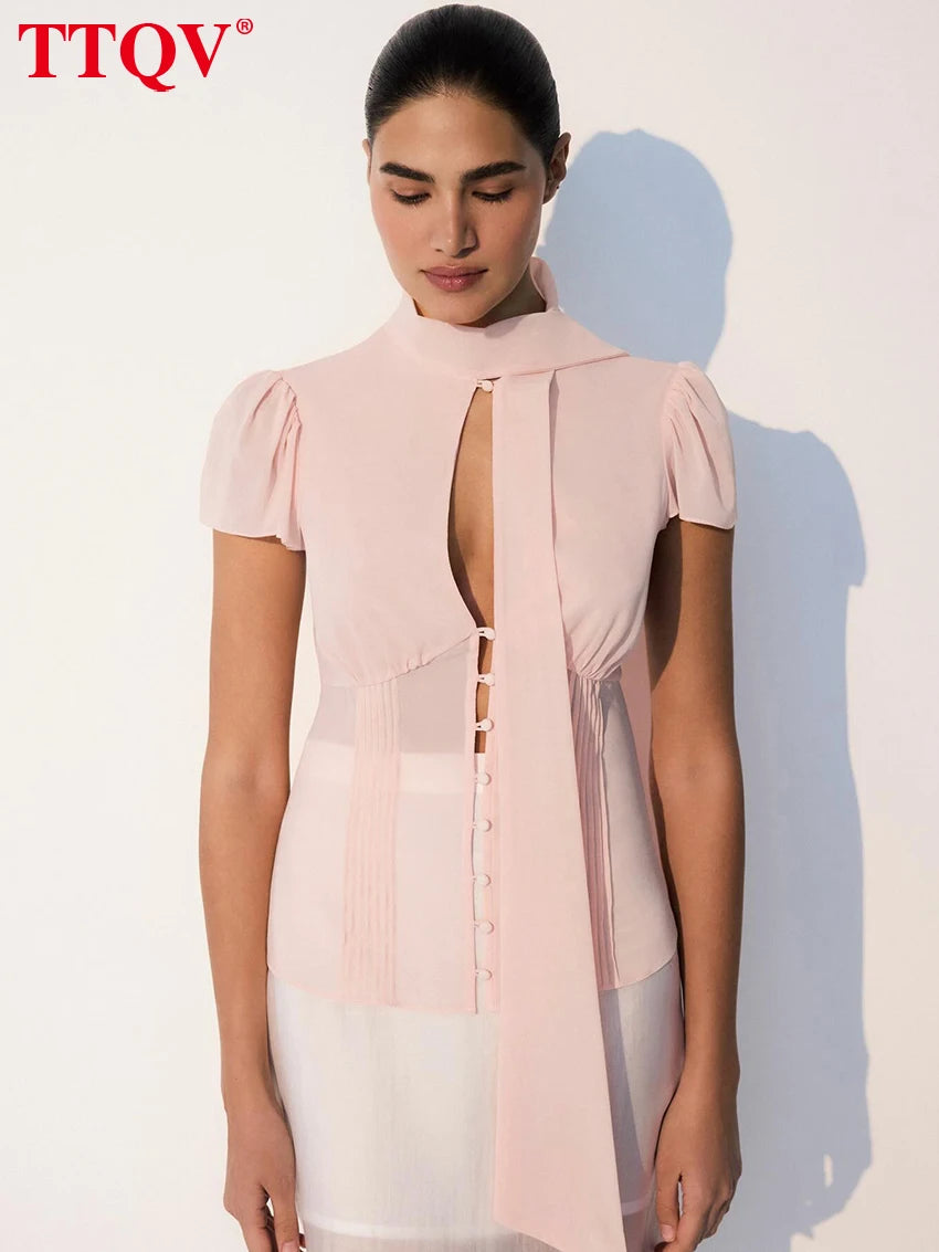 Pink Short Sleeve Shirt With Bow Collar And Lace Up Detailing