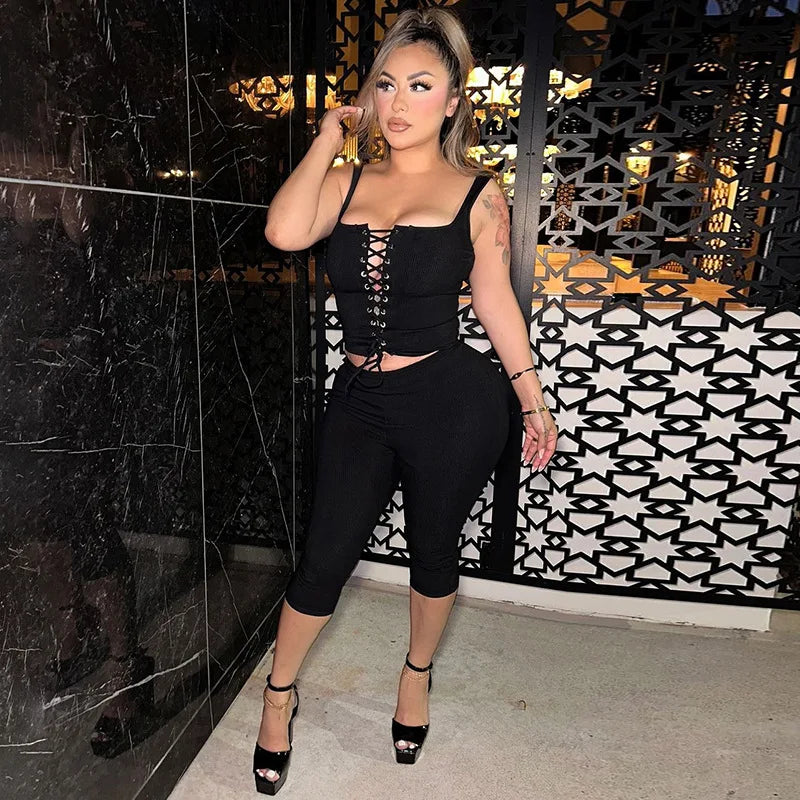Two Piece Set For Women Sleeveless Tie Front Tank Top And Capri Pants