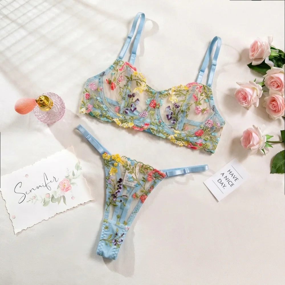 Floral Sheer Embroidery Lingerie Set With Underwire Push Up Bra And Panty Two Piece