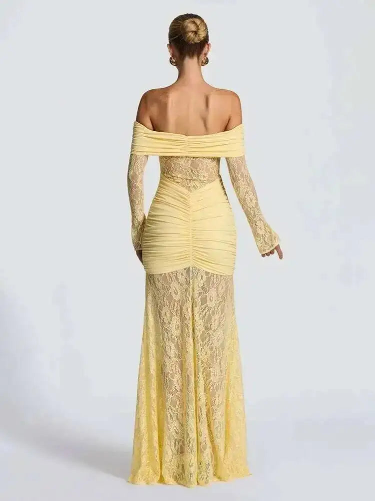 Off Shoulder Pleated Maxi Dress With Lace Patchwork