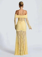 Off Shoulder Pleated Maxi Dress With Lace Patchwork