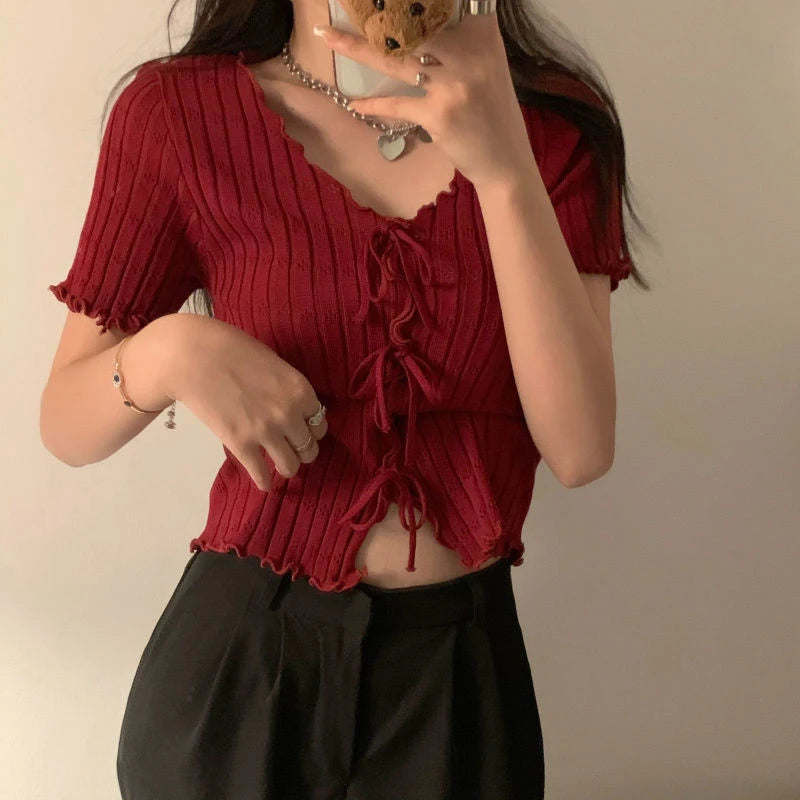 Soft Knit V Neck Cropped Ribbed Short Sleeve Tee