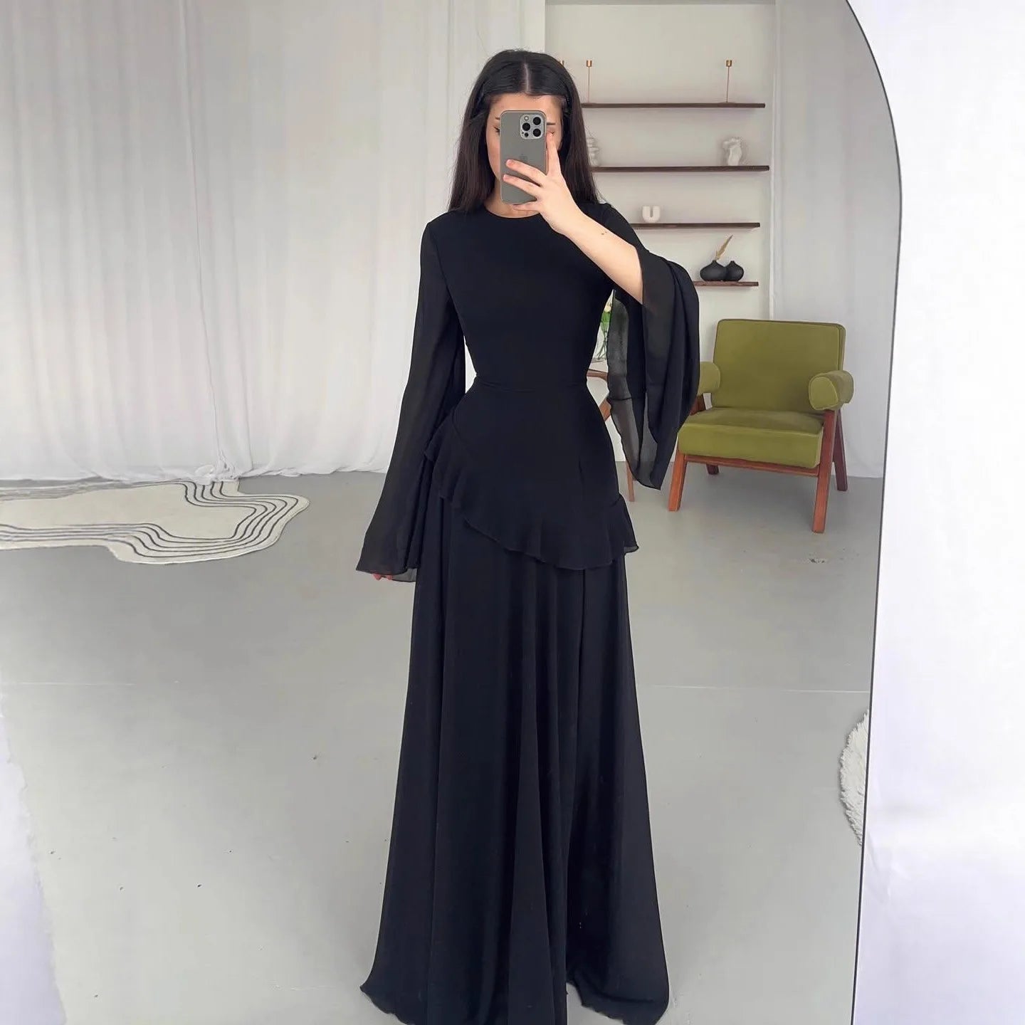Flare Sleeve Maxi Dress With Ruffle Detail O Neck High Waist Pleated
