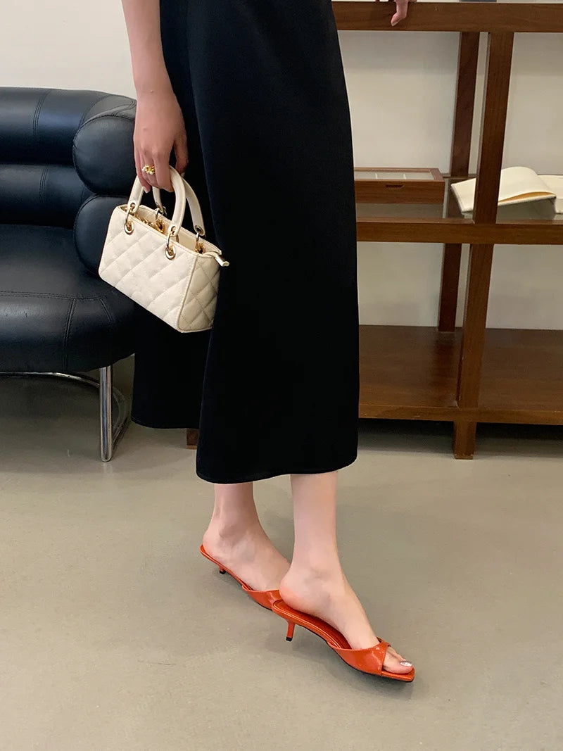 Leather Gladiator Sandals With Square Toe Low Heel