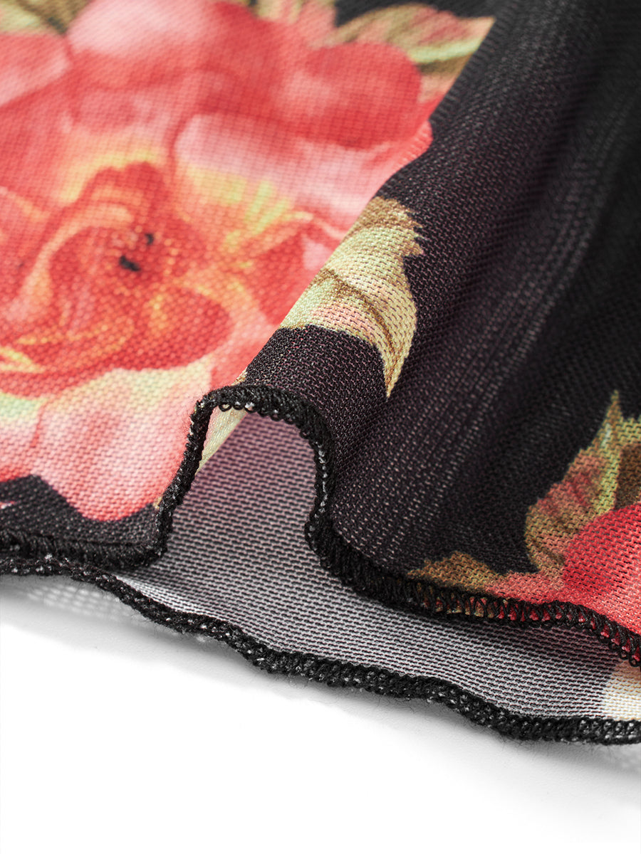 Floral Print Two Piece V Neck Cami Top With Elastic Waist Mini Skirt Set