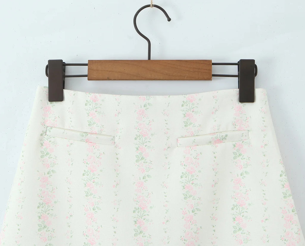 Vintage Sweet Floral Print Mini Dress Set Strapless Crop Top Bodycon Skirts Outfit