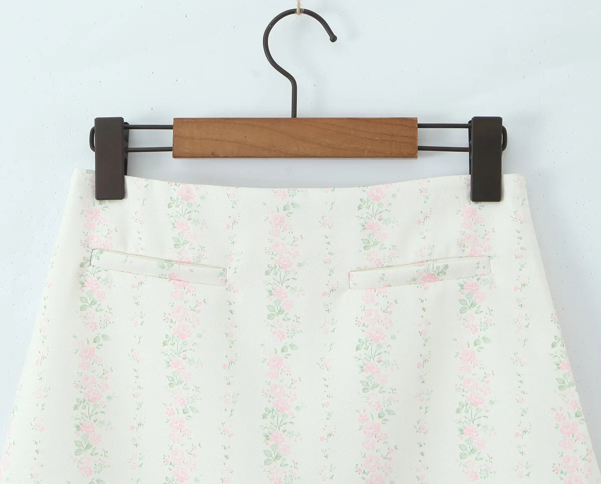 Vintage Sweet Floral Print Mini Dress Set Strapless Crop Top Bodycon Skirts Outfit
