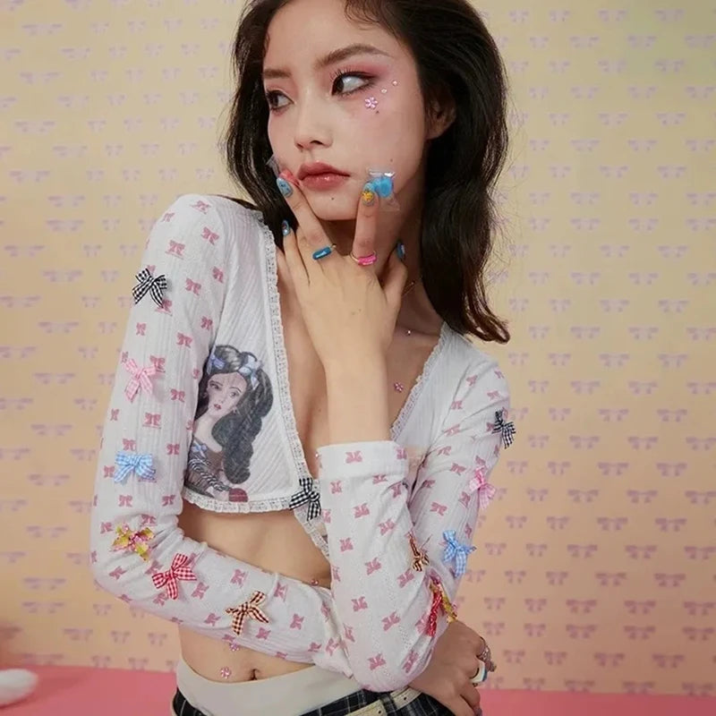 Playful Y2K Cartoon Cropped Tee With Bow Patchwork