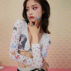 Playful Y2K Cartoon Cropped Tee With Bow Patchwork