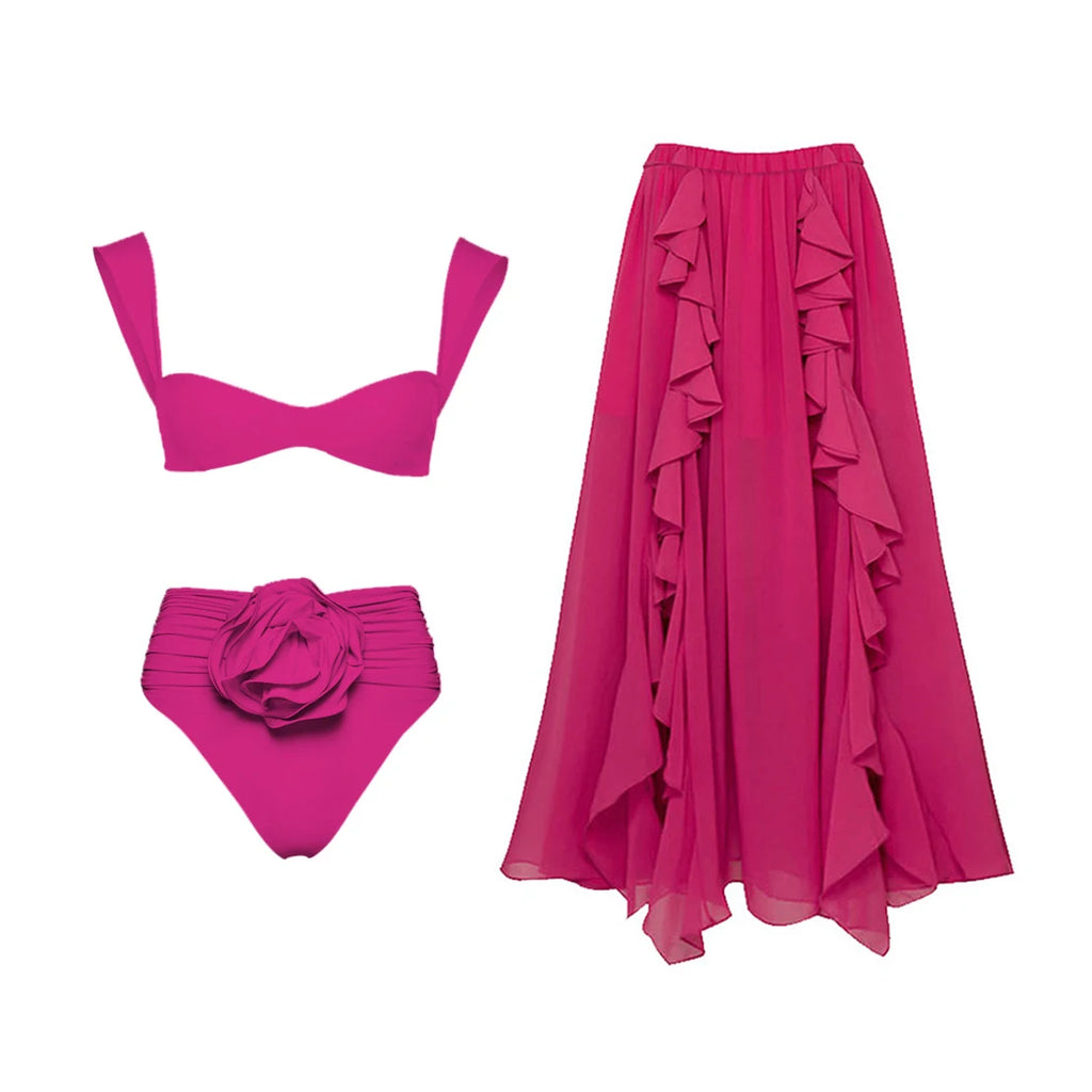 Floral Bikini Set With Cover Up Chic Beachwear