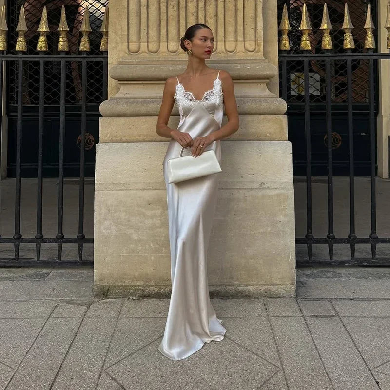 V-Neck Satin Sling Maxi Dress With Lace Patchwork Backless Evening Gown